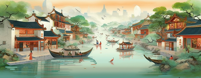 水墨画绿色江南水乡小桥流水房屋中国风插画,插画/手绘图,插画/手绘图库,插画/手绘图下载,插画/手绘